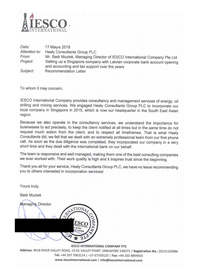 reference letter from IESCO International Company Pte. Ltd.