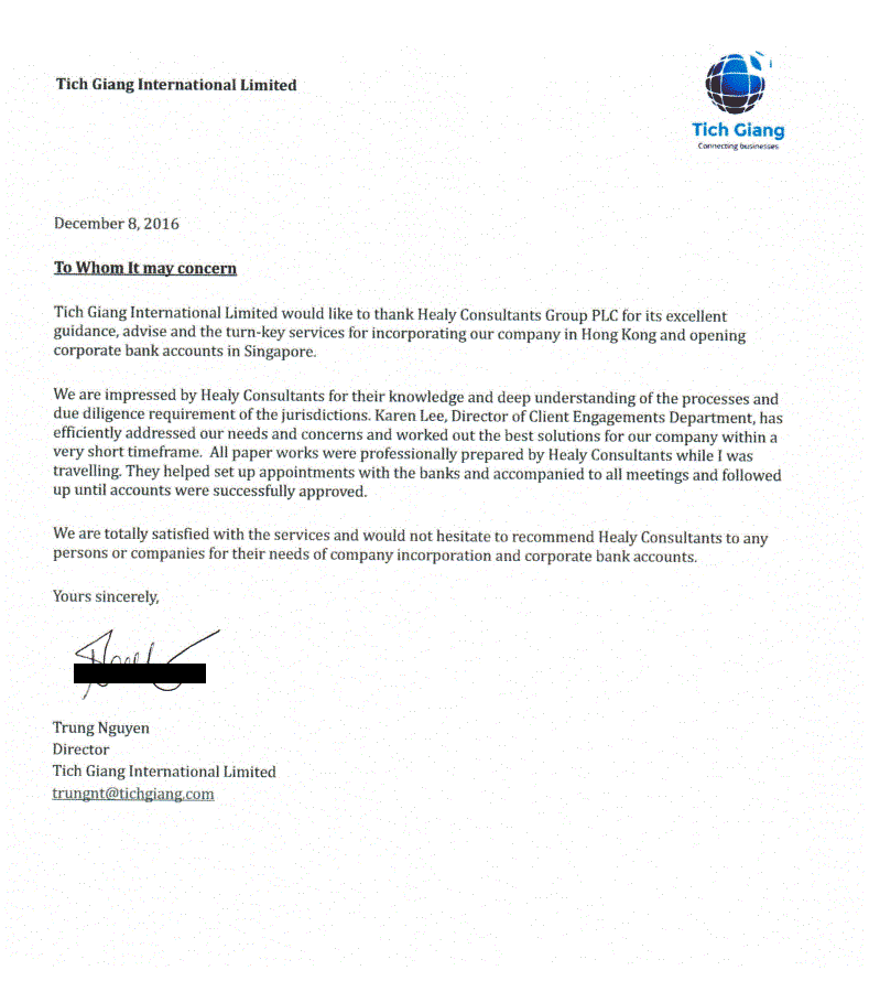 reference letter from Tich Giang International (Hong Kong) Limited.