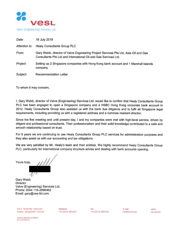 reference letter from Valve Engineering Project Services