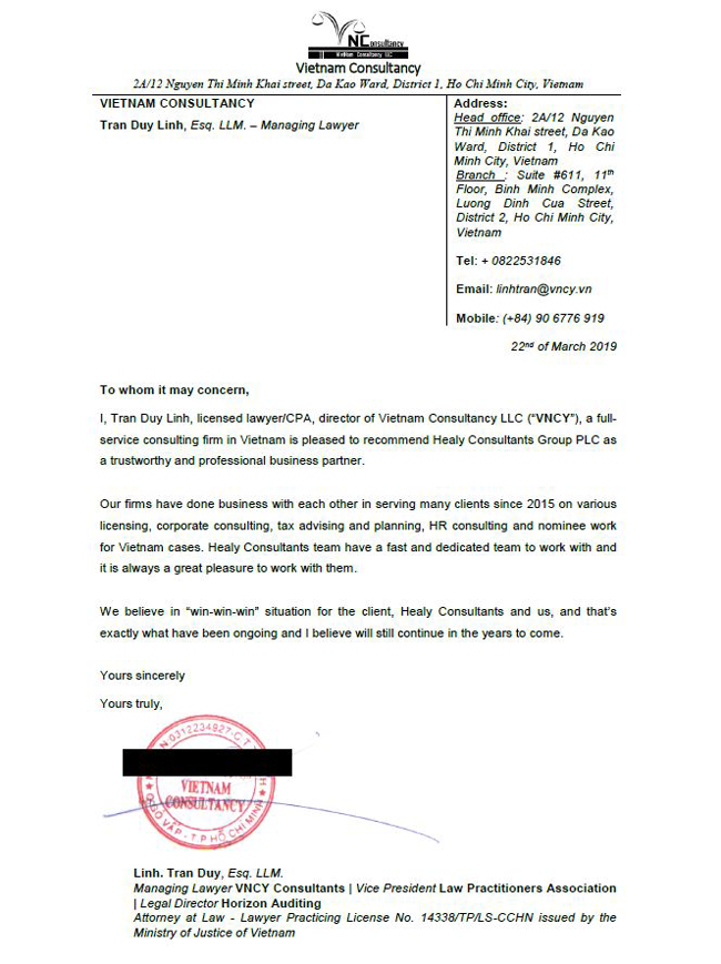 reference letter from VNCY Consultants