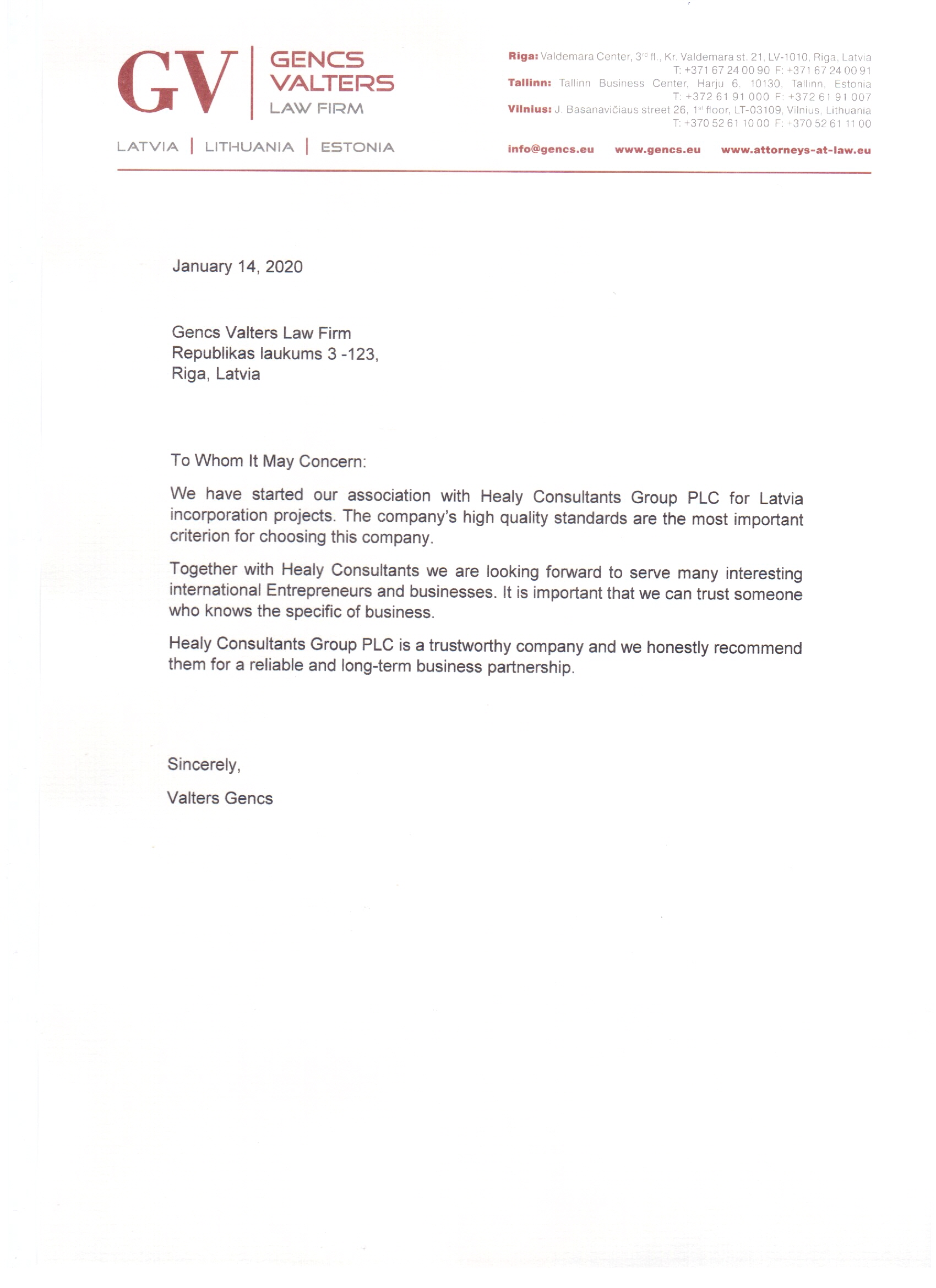 reference letter from Gencs Valters Law Firm