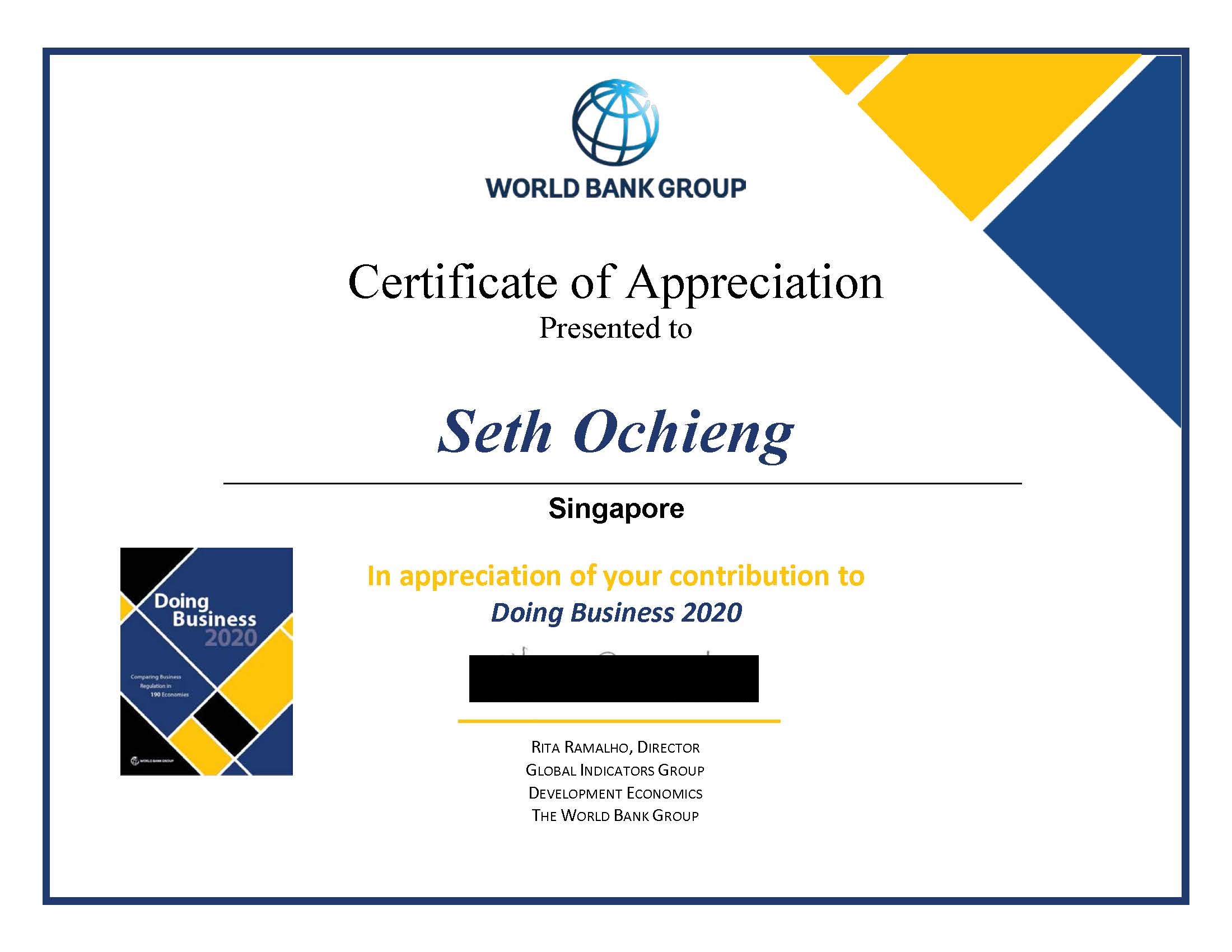 certificate for  seth from World Bank